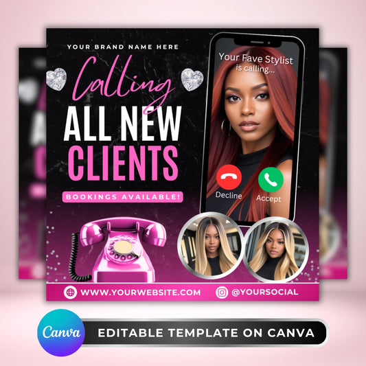 Editable new clients booking flyer template in Canva, bold pink and black beauty promo design for hairstylists and lash techs.
New client special flyer, Canva editable design for nail techs, MUAs, and salon professionals announcing open bookings.
Book now flyer template in Canva for hairstylists, lash and nail technicians, beauty marketing and client booking promotions.
Editable Canva flyer design, new client booking announcement for wig installs, braids, and beauty professionals.