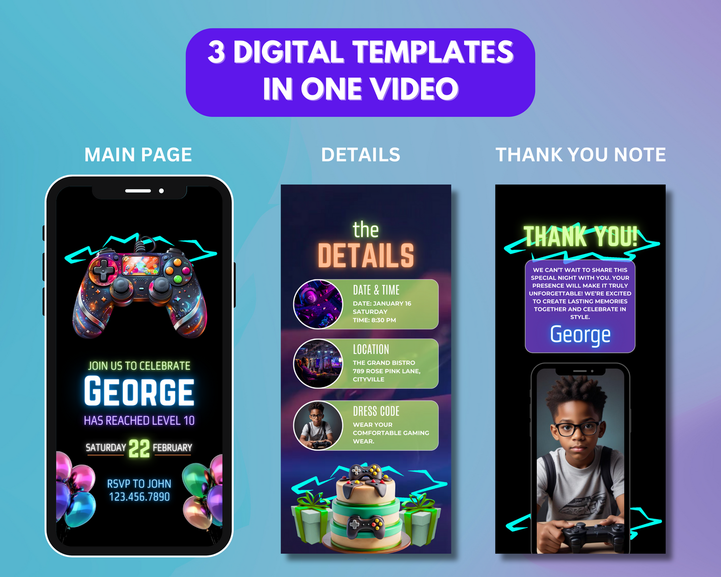 animated gaming birthday party video invitation, diy template design, video game party invite, digital arcade party, premade gamer boy evite