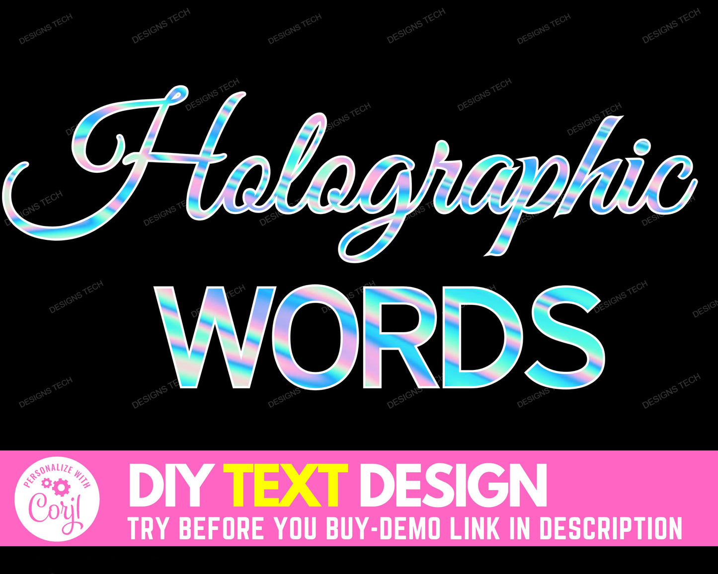 diy holographic words design, edit yourself glam holographic letters, holographic text, sparkling holographic lettering, sparkle words