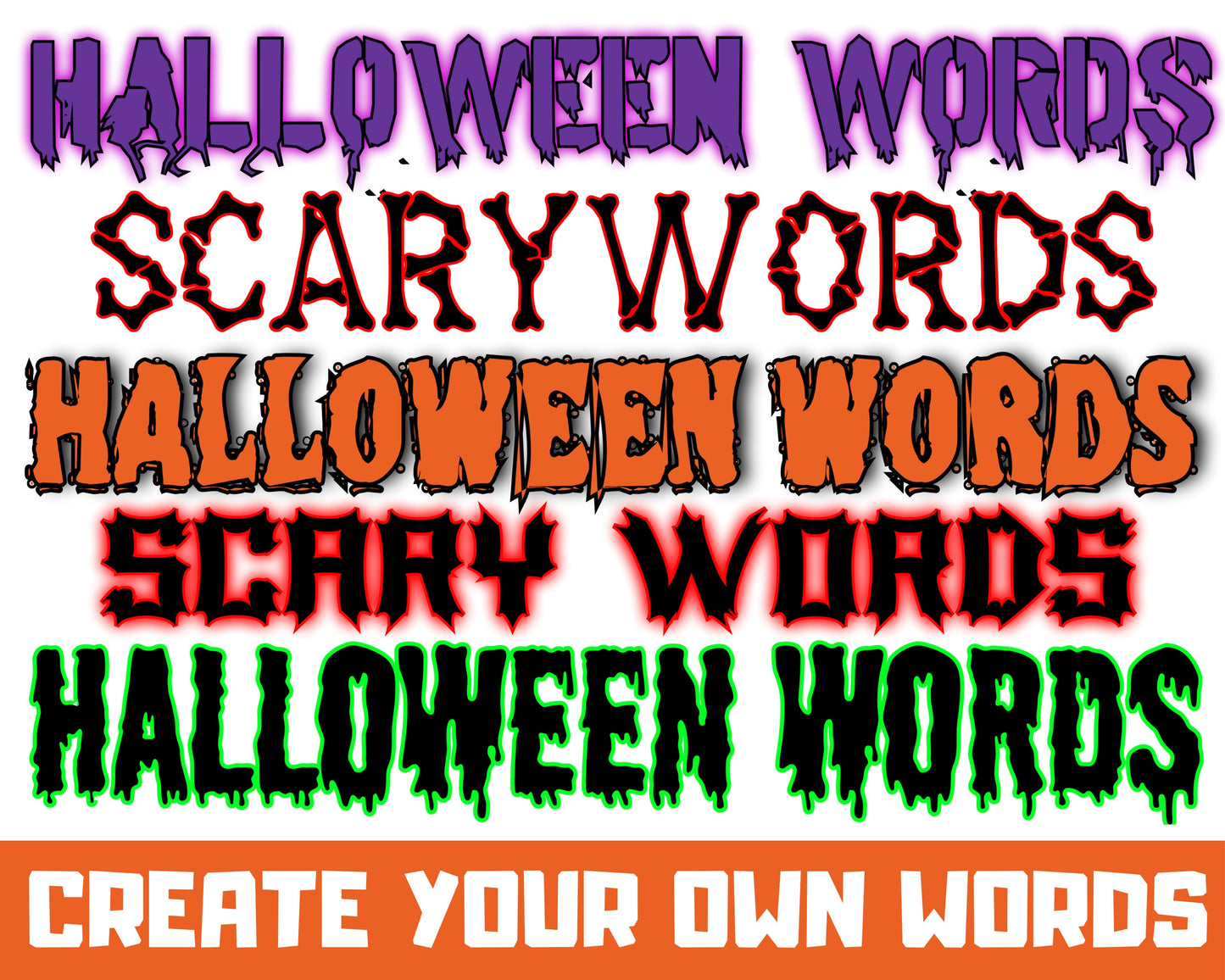 create your own halloween words, scary words, halloween font writing, horror letters, scary lettering text design, dripping trick or treat