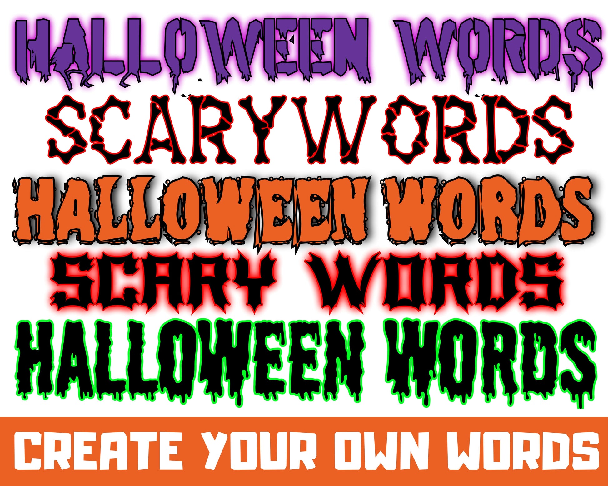 CREATE YOUR OWN Halloween Words, Scary Words, Halloween Font Writing, Horror Letters, Scary Lettering Text Design, Dripping Trick or Treat
