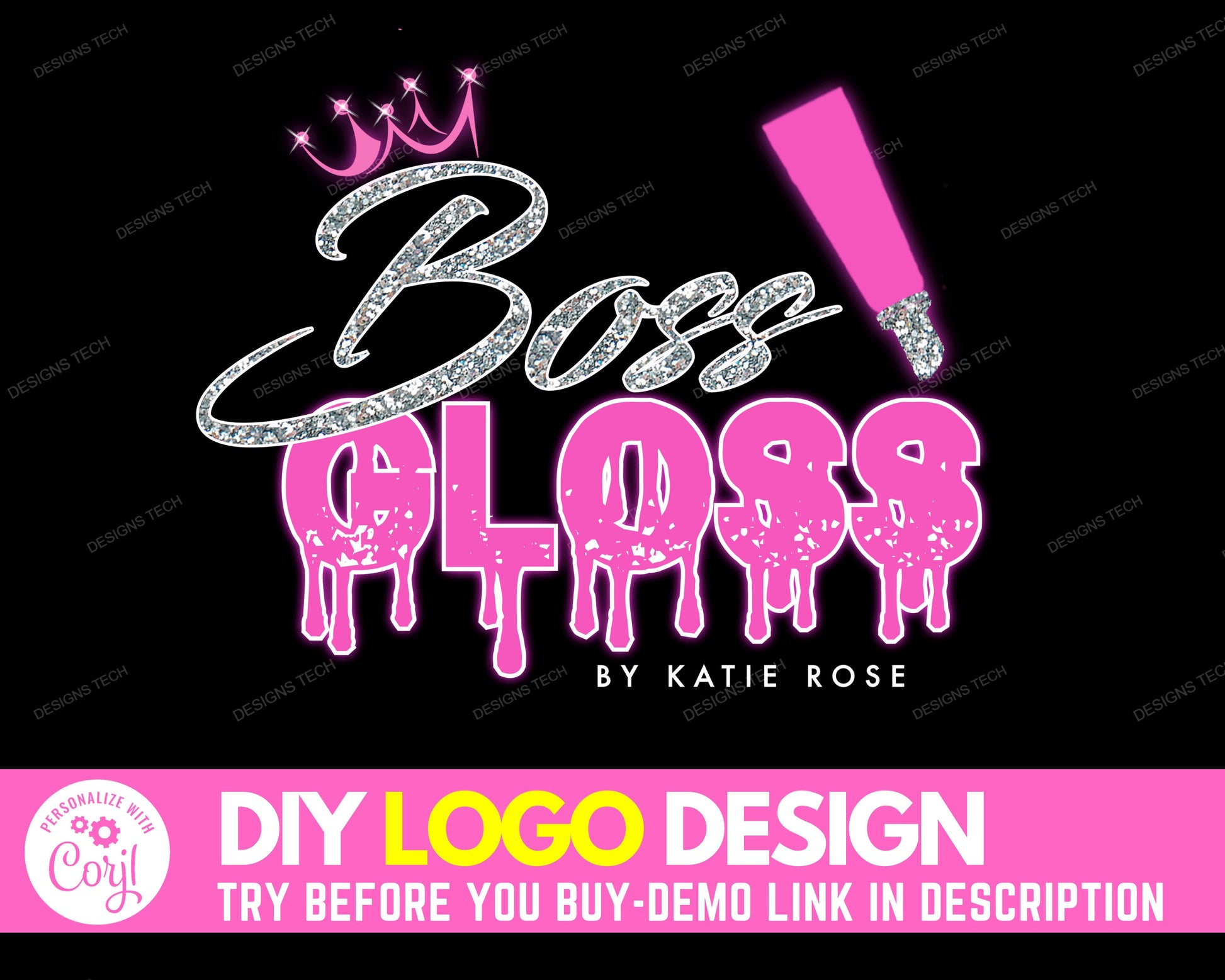 DIY Beauty Logo, Edit Yourself Lip Gloss Logo, Glam Lipgloss Logo Design, Lips Artist Logo, Makeup Cosmetics Business Branding Logo Template