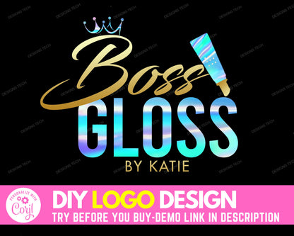 DIY Beauty Logo, Edit Yourself Lipgloss Logo, Glam Lip Gloss Logo Design, Lips Artist Logo, Makeup Cosmetics Business Branding Logo Template