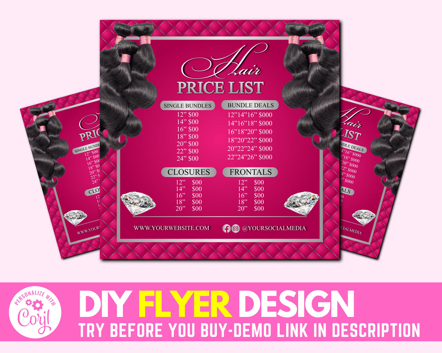diy hair price list, hair pricelist flyer design, bundle hair collection price list, social media flyer, premade business flyer template