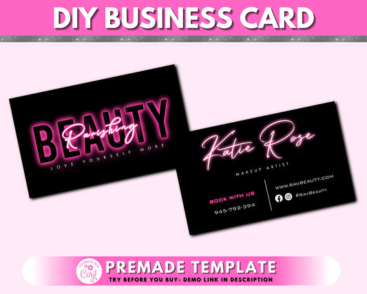 DIY Business Cards, Business Card Design, Neon Beauty Brand Cards, Card Design, Lash Lashes Business Card, Premade Template Design