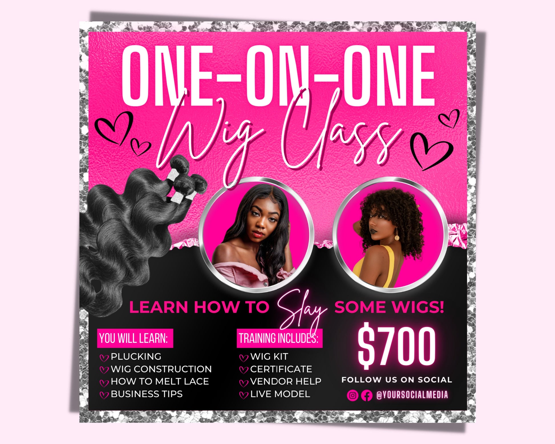 Hair Flyer, One-On-One Wig Class Flyer, Hair Extension Training Flyer, Hair Course Training Academy Flyer, Premade DIY Flyer Template Design
