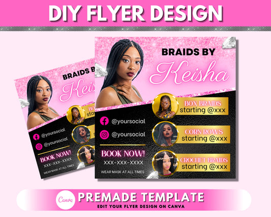 Braids Flyer, DIY Flyer Design Template, Hair Braiding Flyer, Braid Flyer, Salon Flyer, Instagram Flyer, Premade Business Flyer Design