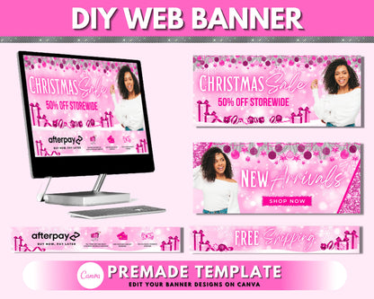 Christmas Web Banner, Pink Website Banners, Xmas Web Banner, Holiday Web Banner, Shopify Web Banner, Hair Business Site Banner Design