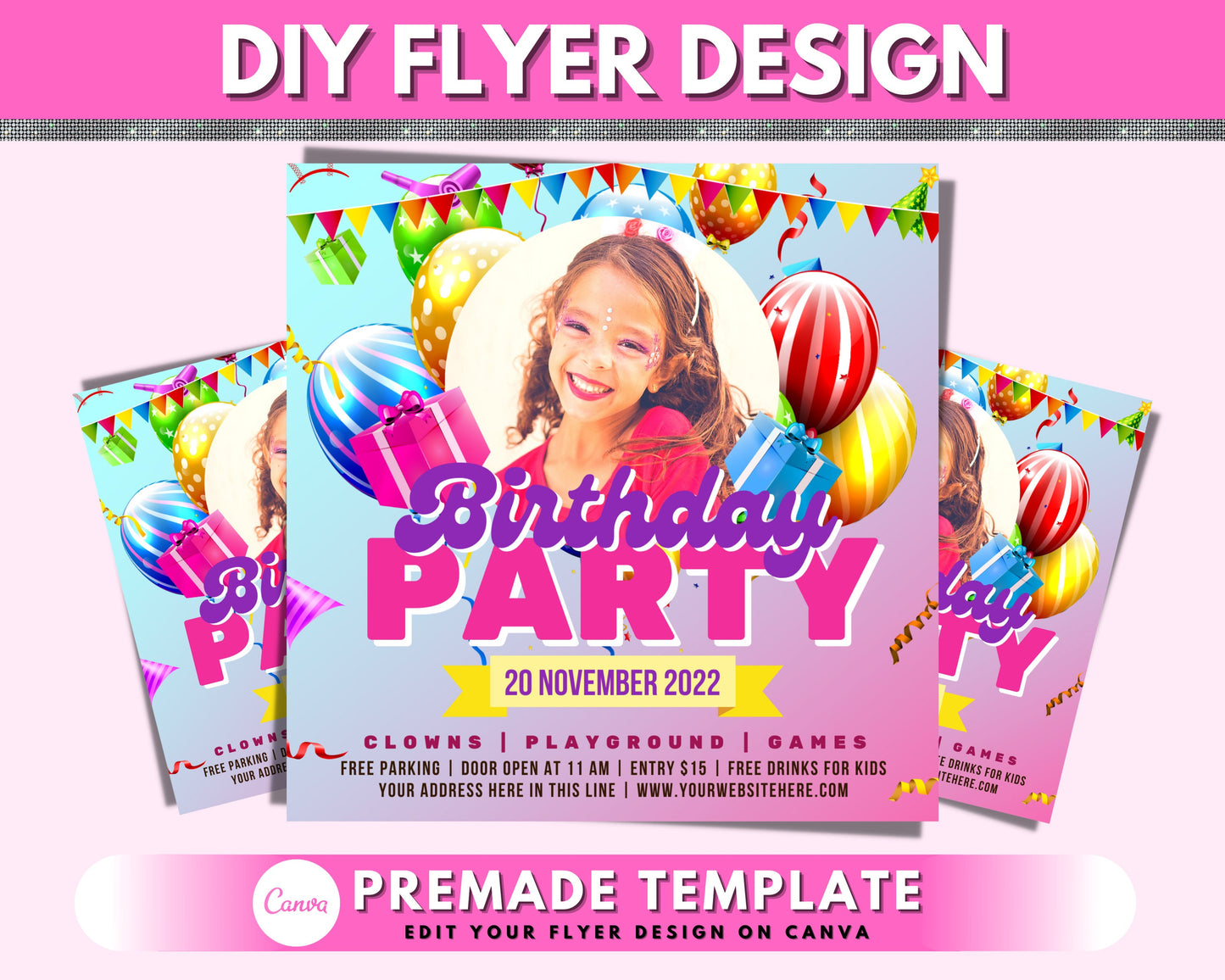 kids birthday party invitation, diy flyer template design, girl birthday flyer, playground party flyer, outdoor play party invite