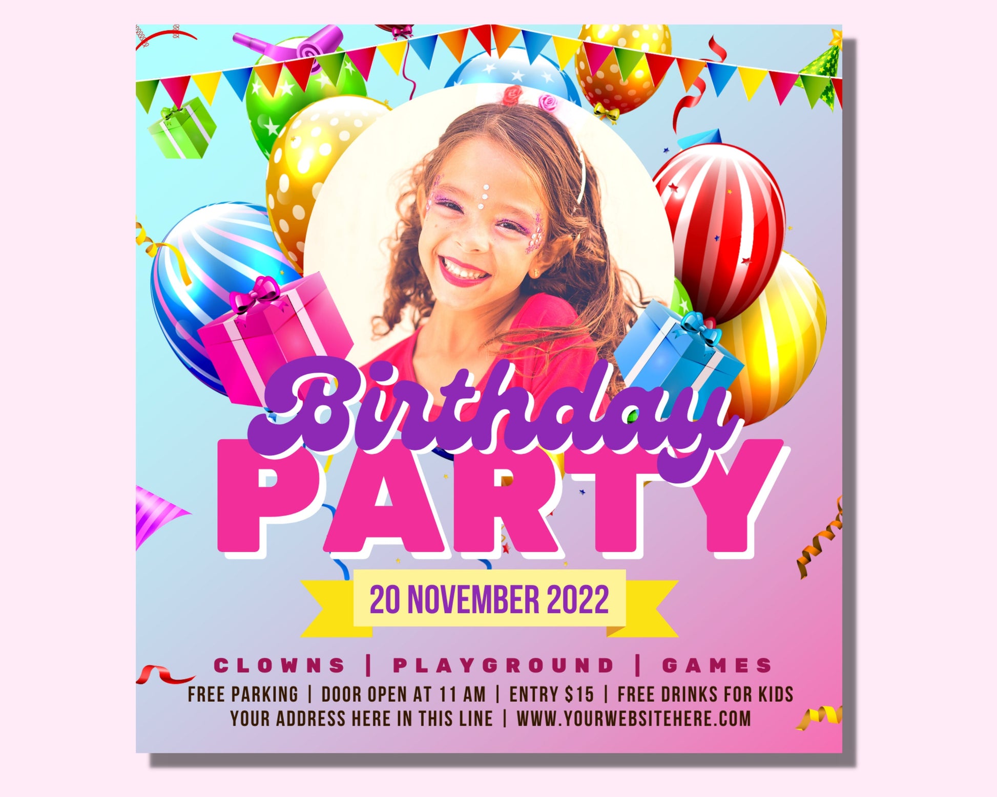 Kids Birthday Party Invitation, DIY Flyer Template Design, Girl Birthday Flyer, Playground Party Flyer, Outdoor Play Party Invite