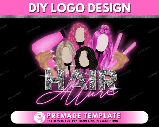 Hair Logo, DIY Logo Design Template, Hair Bundles Logo, Beauty Salon Logo, Hairstylist Logo, Hair Extension Logo, Premade Logo Design