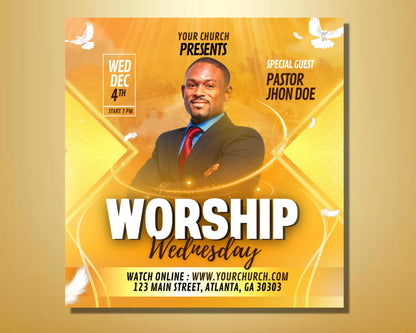 Church Flyer, DIY Flyer Template Design, Worship Wednesday Church Flyer, Prayer Flyer, Church Service Flyer, Sunday Service Invitation Flyer