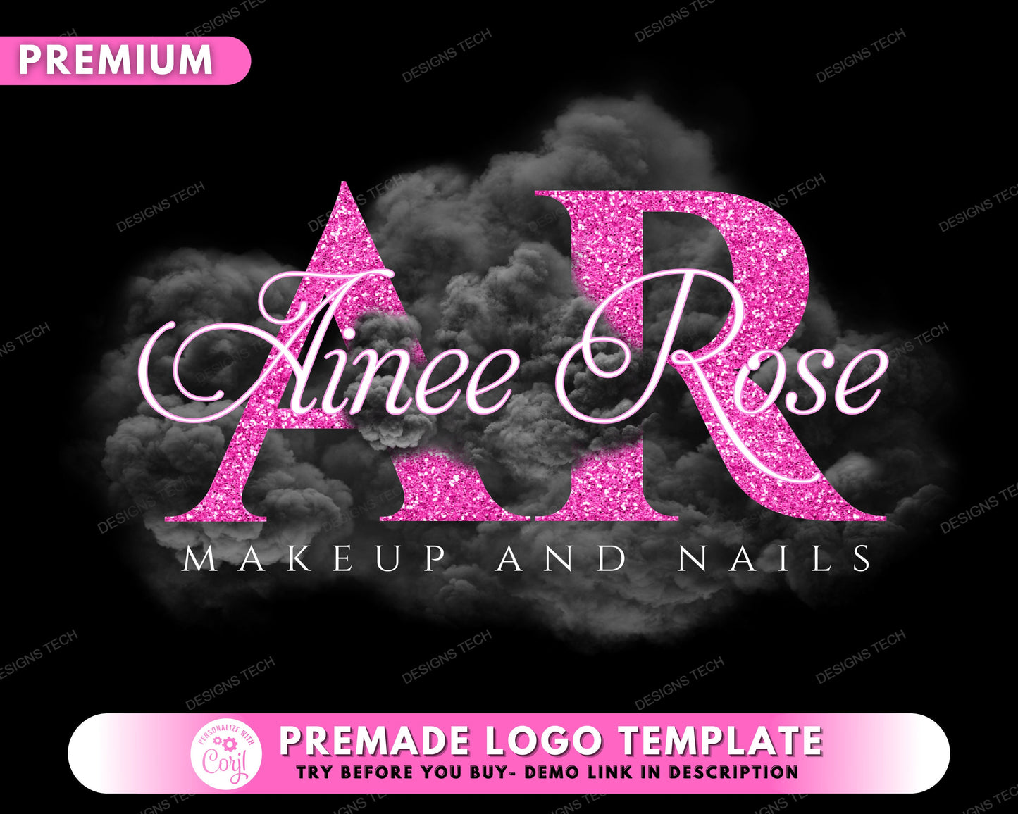 beauty logo, diy logo design template, smoke logo, boutique logo, pink glitter logo, makeup artist logo, cosmetics logo, premade logo