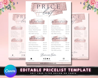 Price List, DIY Flyer Template Design, Rose Gold Price Sheet, Hair Pricing Flyer, Pricelist Flyer, Pricing Guide Sheet, Premade Salon Flyer
