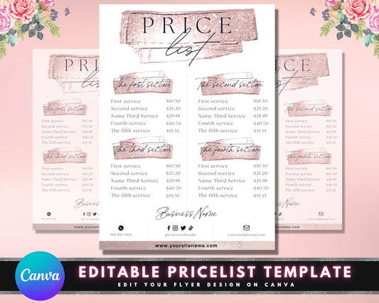 Price List, DIY Flyer Template Design, Rose Gold Price Sheet, Hair Pricing Flyer, Pricelist Flyer, Pricing Guide Sheet, Premade Salon Flyer