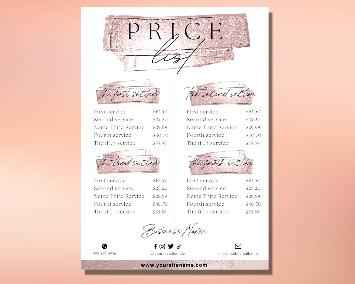 price list, diy flyer template design, rose gold price sheet, hair pricing flyer, pricelist flyer, pricing guide sheet, premade salon flyer