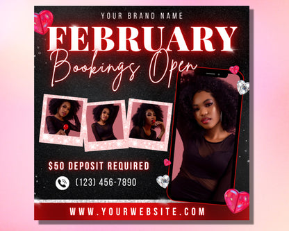 February Booking Flyer, DIY Flyer Template Design, Valentines Flyer, Hair Flyer, Booking Flyer, Appointment Flyer, Premade Editable Flyer