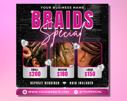Braids Flyer, DIY Flyer Template Design, Hair Flyer, Knotless Braid Sale Flyer, Braiding Flyer, Hairstylist Flyer, Premade Editable Flyer