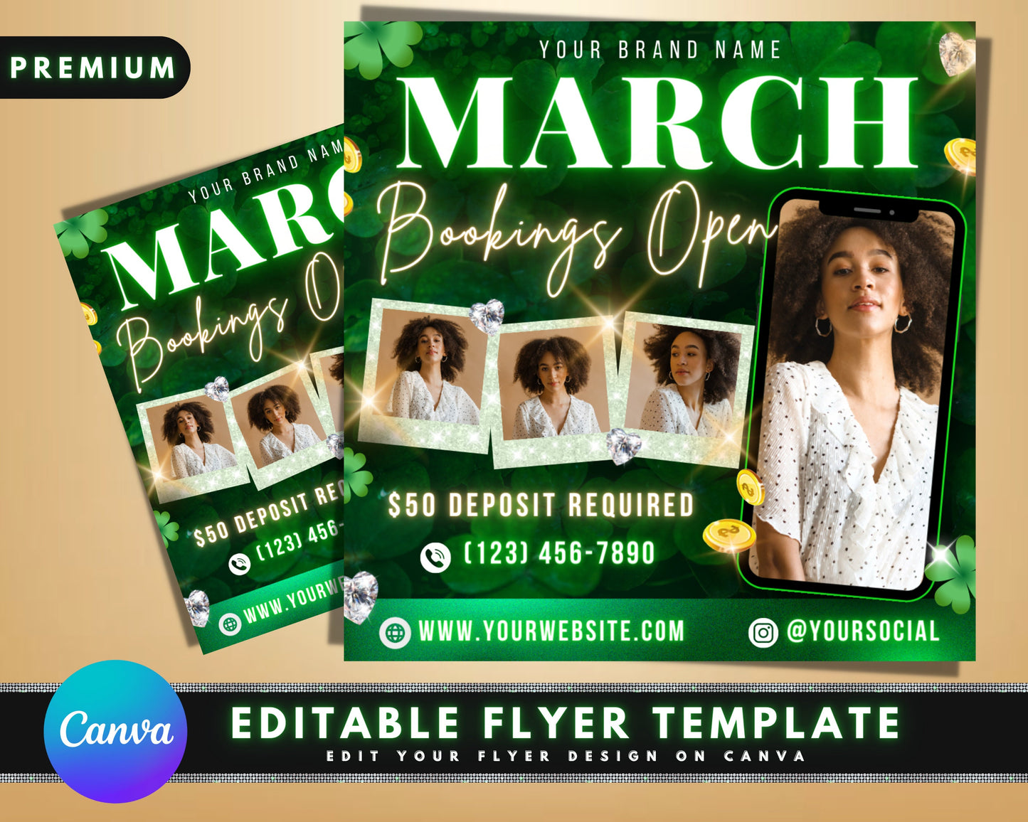 march booking flyer, diy flyer template design, appointment flyer, book now flyer, st. patrick's flyer, hair flyer, premade editable flyer