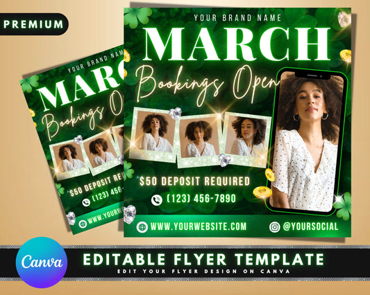 March Booking Flyer, DIY Flyer Template Design, Appointment Flyer, Book Now Flyer, St. Patrick's Flyer, Hair Flyer, Premade Editable Flyer