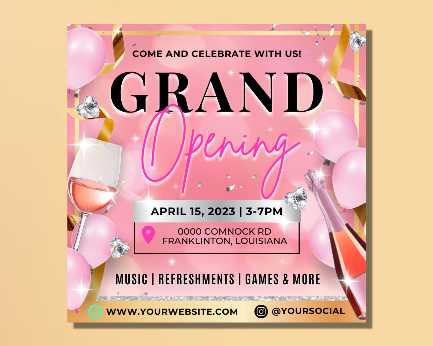 grand opening flyer, diy flyer template design, coming soon flyer, celebration launch flyer, event party flyer, premade business flyer