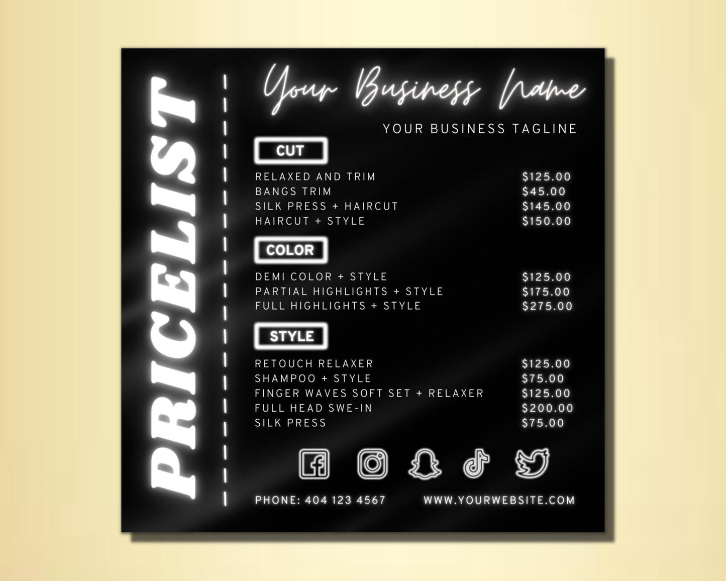 price list, diy flyer template design, white pricing guide sheet, price list flyer, beauty price list, premade salon business flyer