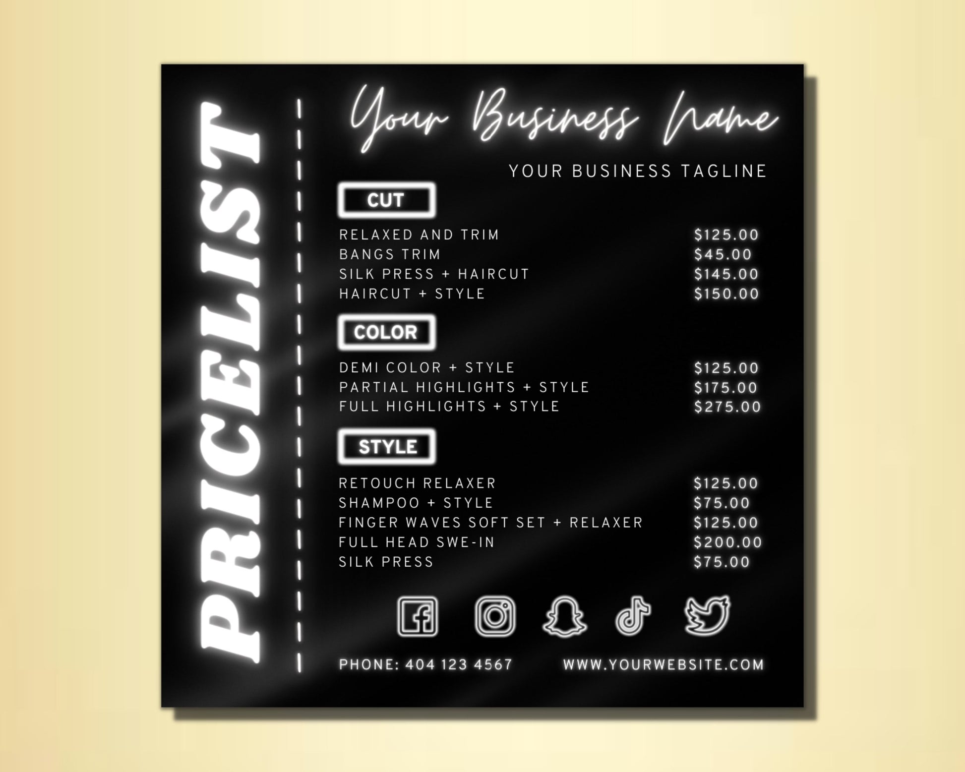 Price List, DIY Flyer Template Design, White Pricing Guide Sheet, Price List Flyer, Beauty Price List, Premade Salon Business Flyer
