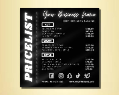 Price List, DIY Flyer Template Design, White Pricing Guide Sheet, Price List Flyer, Beauty Price List, Premade Salon Business Flyer