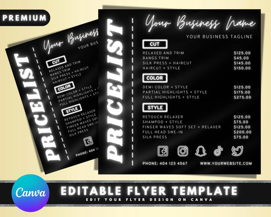 Price List, DIY Flyer Template Design, White Pricing Guide Sheet, Price List Flyer, Beauty Price List, Premade Salon Business Flyer
