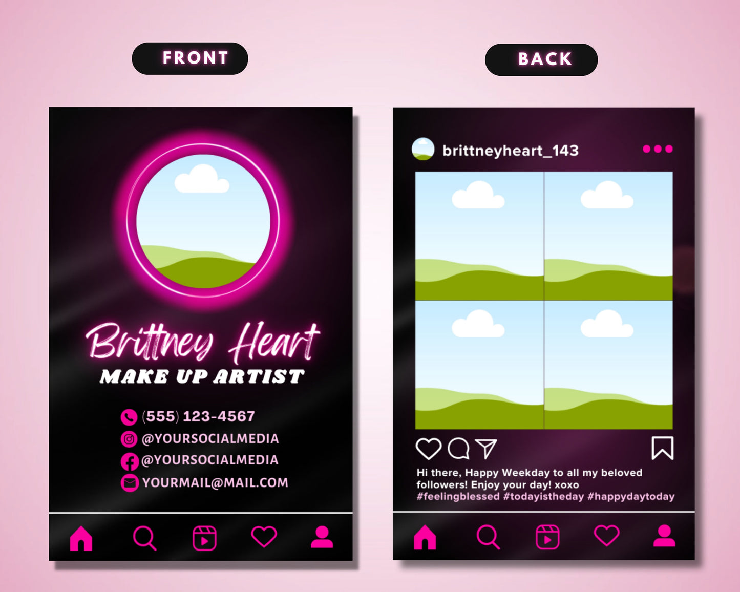 instagram business cards, diy canva business card template design, ig influencer cards, make up artist digital cards, premade business cards