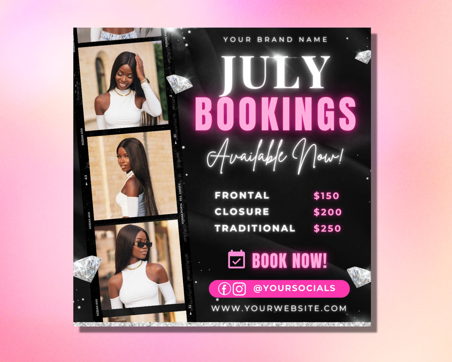july bookings flyer, diy flyer template design, july appointment flyer, hair lash instagram post, book now flyer, premade salon flyer