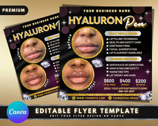 Hyaluron Pen Flyer, DIY Flyer Template Design, Hyaluron Pen Training Flyer, Hyaluron Pen Academy, Premade Lip Filler Course Business Flyer