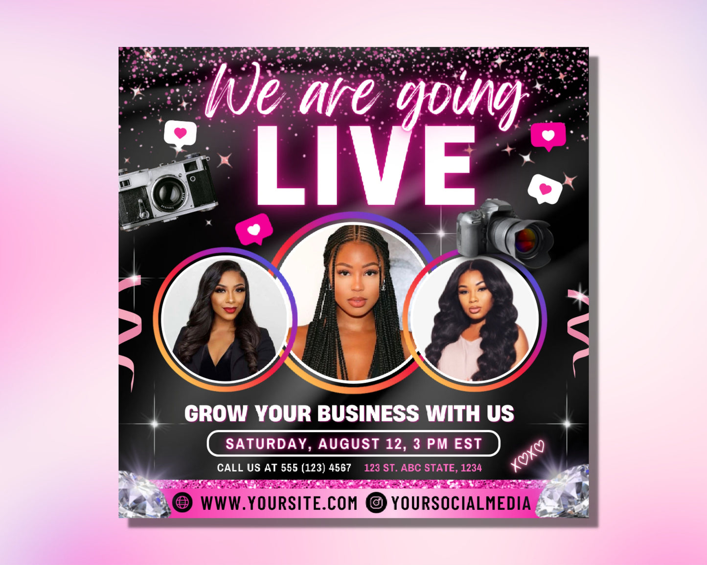 going live flyer, diy flyer template design, livestream flyer, client review flyer, live training flyer, premade instagram live promotional