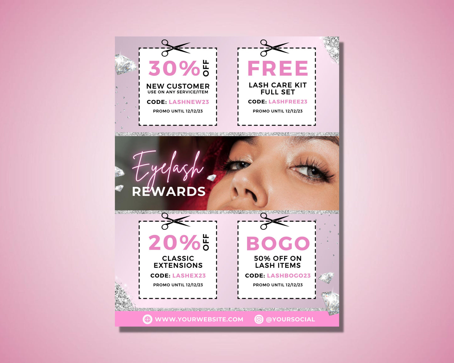 eyelash coupon flyer, diy flyer template design, lash deals flyer, promotional flyer, beauty coupon flyer, premade lashes discount flyer