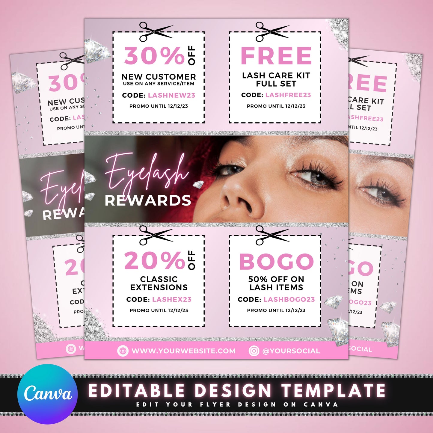 eyelash coupon flyer, diy flyer template design, lash deals flyer, promotional flyer, beauty coupon flyer, premade lashes discount flyer