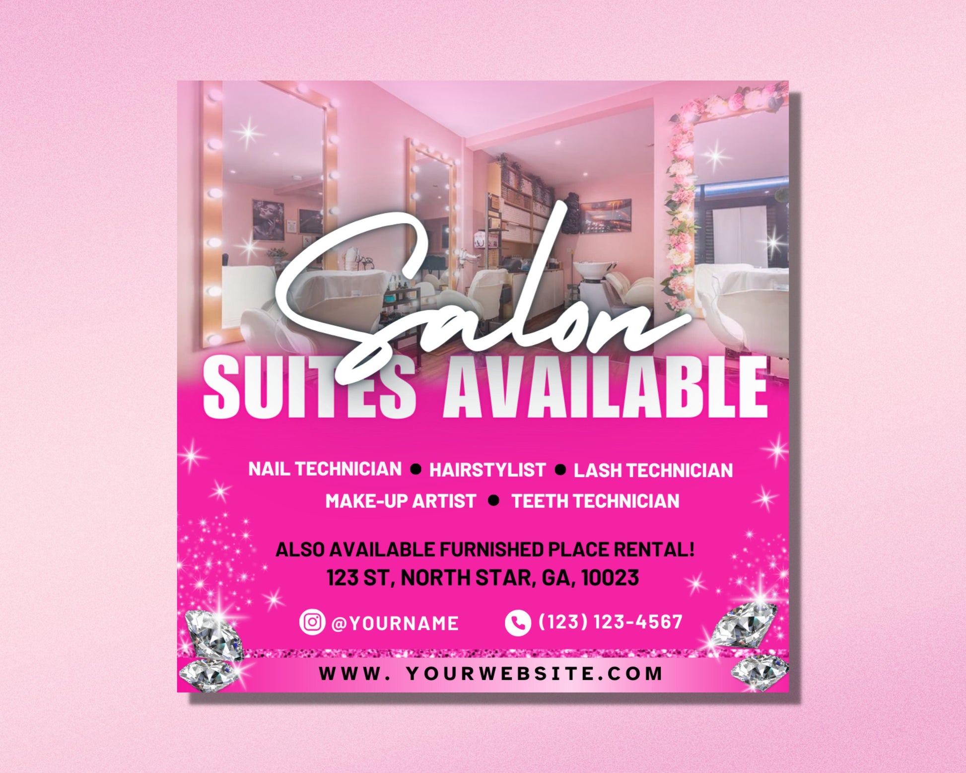 Salon suites Available for rent Hair salon suites Nail salon suites Massage therapy suites Spa suites All-inclusive suites Move-in specials Free consultations High-traffic area Ample parking 24/7 access Security system Wi-Fi Utilities included