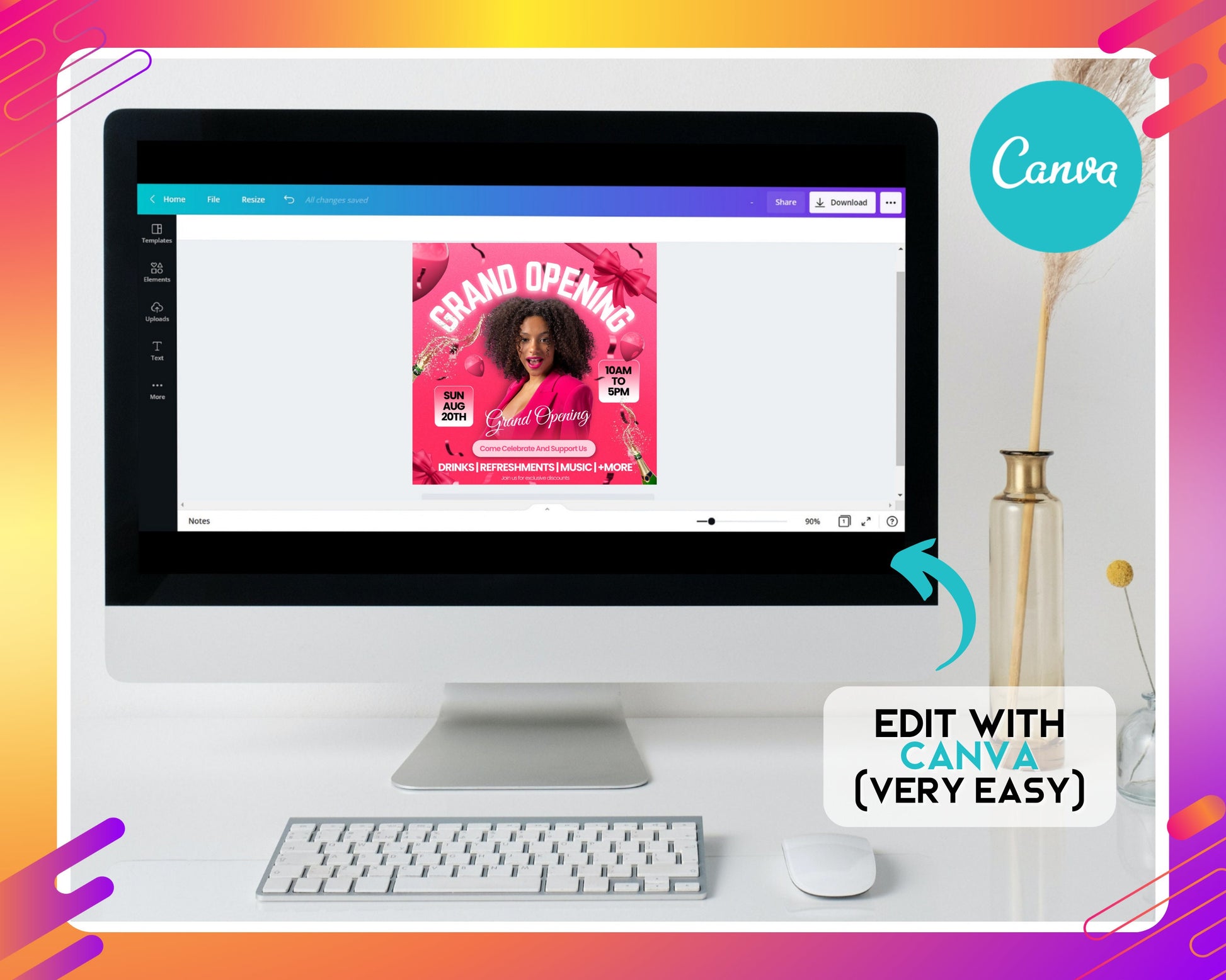 Grand Opening Flyer Template Design Event Celebration New Business Announcement Invitation Save the Date Come Celebrate With Us! RSVP Balloons Confetti Ribbon Cutting Happy People Bright Colors Eye-catching Design