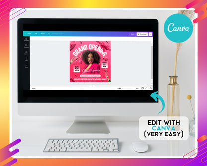 Grand Opening Flyer Template Design Event Celebration New Business Announcement Invitation Save the Date Come Celebrate With Us! RSVP Balloons Confetti Ribbon Cutting Happy People Bright Colors Eye-catching Design
