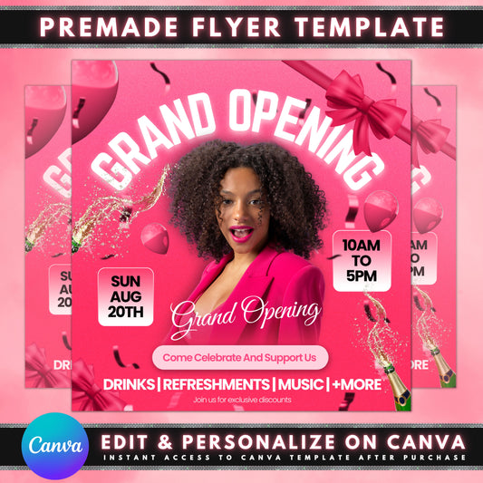 Grand Opening Flyer Template Design Event Celebration New Business Announcement Invitation Save the Date Come Celebrate With Us! RSVP Balloons Confetti Ribbon Cutting Happy People Bright Colors Eye-catching Design