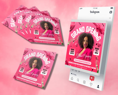 Grand Opening Flyer Template Design Event Celebration New Business Announcement Invitation Save the Date Come Celebrate With Us! RSVP Balloons Confetti Ribbon Cutting Happy People Bright Colors Eye-catching Design