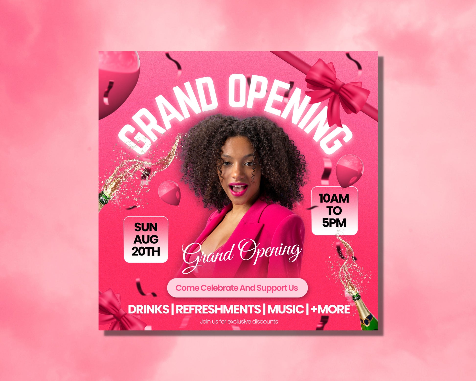 Grand Opening Flyer Template Design Event Celebration New Business Announcement Invitation Save the Date Come Celebrate With Us! RSVP Balloons Confetti Ribbon Cutting Happy People Bright Colors Eye-catching Design