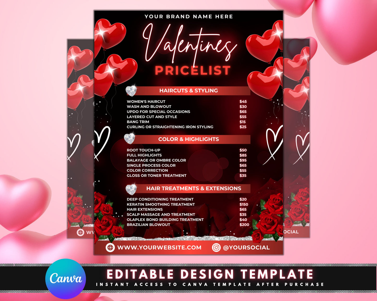 pricelist price guide price sheet valentines haircuts hair coloring hair styling hair extensions nails skincare makeup massage body treatments teeth whitening eyelash extensions brow shaping love is in the air! valentine&#39;s day offers!