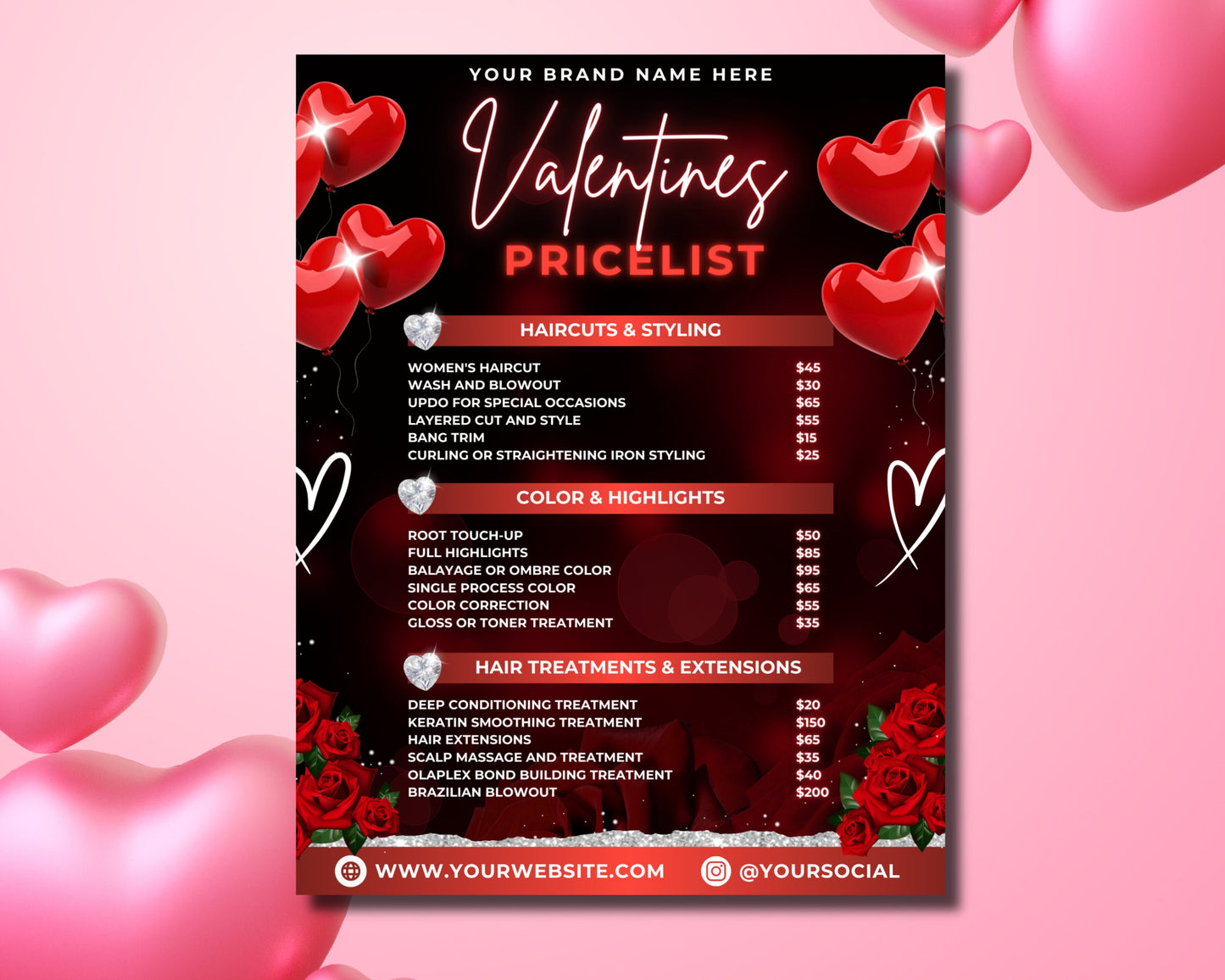 pricelist price guide price sheet valentines haircuts hair coloring hair styling hair extensions nails skincare makeup massage body treatments teeth whitening eyelash extensions brow shaping love is in the air! valentine&#39;s day offers!