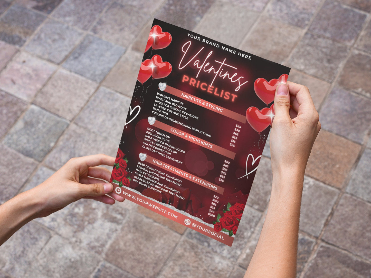 pricelist price guide price sheet valentines haircuts hair coloring hair styling hair extensions nails skincare makeup massage body treatments teeth whitening eyelash extensions brow shaping love is in the air! valentine&#39;s day offers!