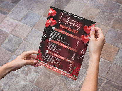 Pricelist Price Guide Price Sheet Valentines Haircuts Hair coloring Hair styling Hair extensions Nails Skincare Makeup Massage Body treatments Teeth whitening Eyelash extensions Brow shaping Love is in the air! Valentine&#39;s Day offers!