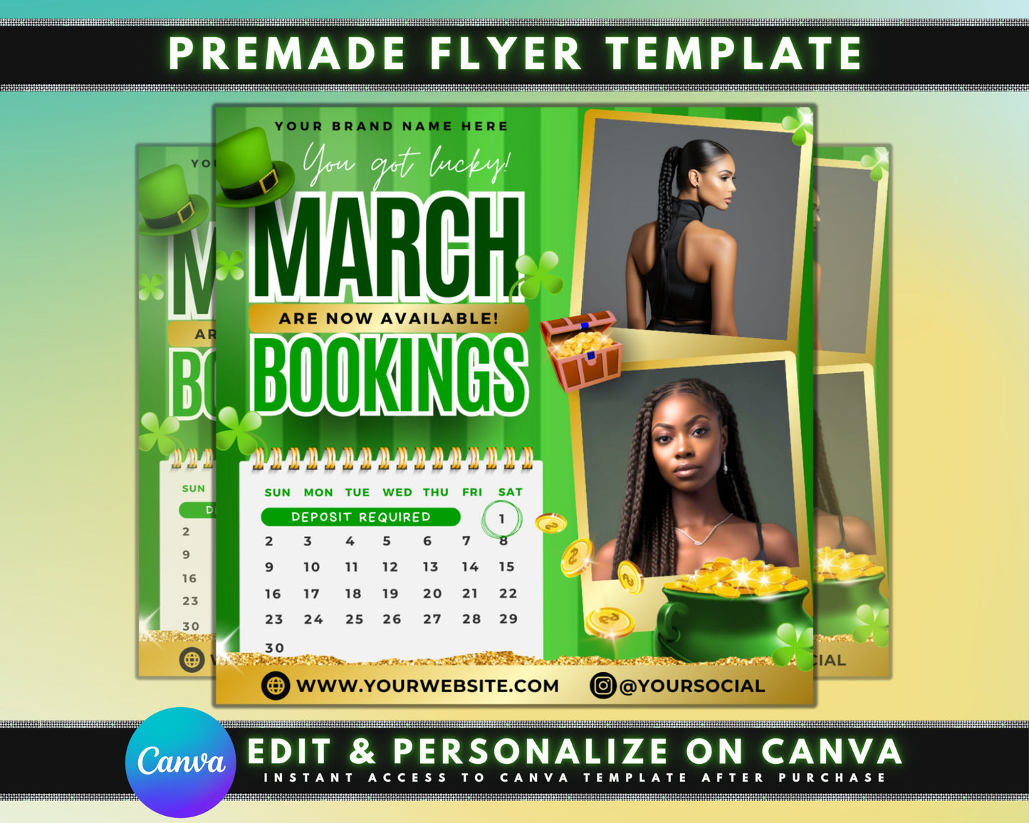 spring beauty march bookings beauty flyer flyer template st. patricks day promo march specials limited-time offers pamper yourself haircuts and styles coloring skin treatments makeup waxing nails facials massages body treatments spring makeup trends