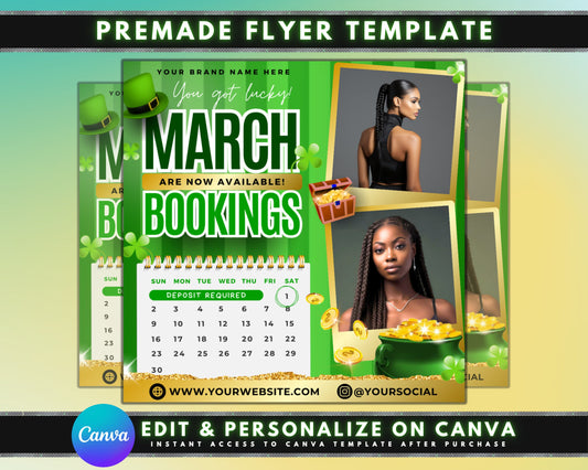 Spring beauty March Bookings Beauty Flyer Flyer Template St. Patricks Day Promo March specials Limited-time offers Pamper yourself Haircuts and styles Coloring Skin treatments Makeup Waxing Nails Facials Massages Body treatments Spring makeup trends