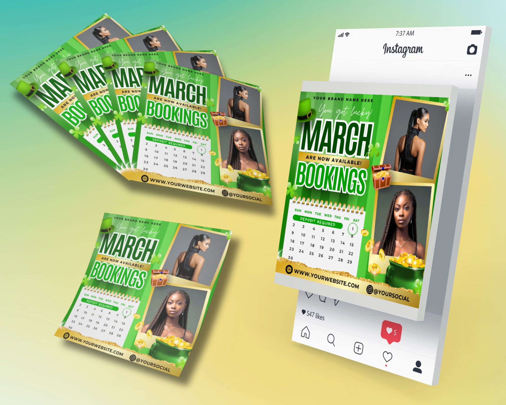 Spring beauty March Bookings Beauty Flyer Flyer Template St. Patricks Day Promo March specials Limited-time offers Pamper yourself Haircuts and styles Coloring Skin treatments Makeup Waxing Nails Facials Massages Body treatments Spring makeup trends