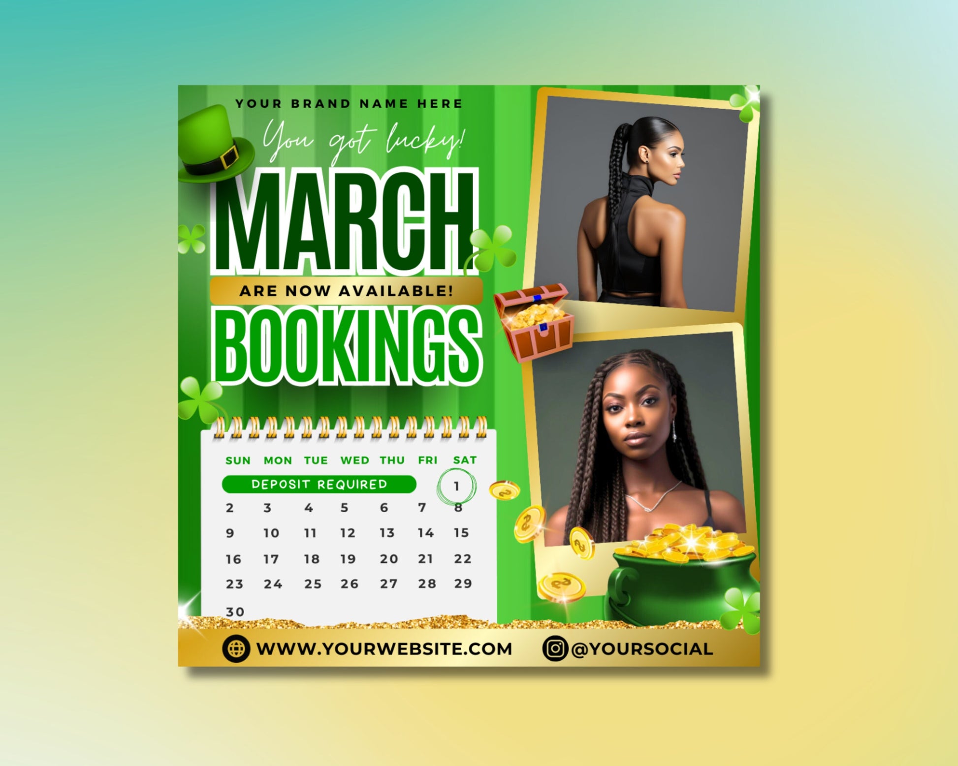 Spring beauty March Bookings Beauty Flyer Flyer Template St. Patricks Day Promo March specials Limited-time offers Pamper yourself Haircuts and styles Coloring Skin treatments Makeup Waxing Nails Facials Massages Body treatments Spring makeup trends