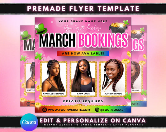 Spring beauty March Bookings Beauty Flyer Flyer Template St. Patricks Day Promo March specials Limited-time offers Pamper yourself Haircuts and styles Coloring Skin treatments Makeup Waxing Nails Facials Massages Body treatments Spring makeup trends